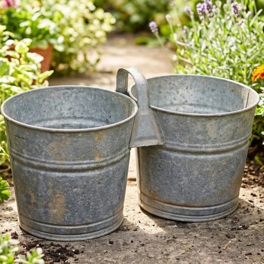 Vintage Galvanized Metal Double Bucket Planter Rustic Twin Pail Garden Caddy
